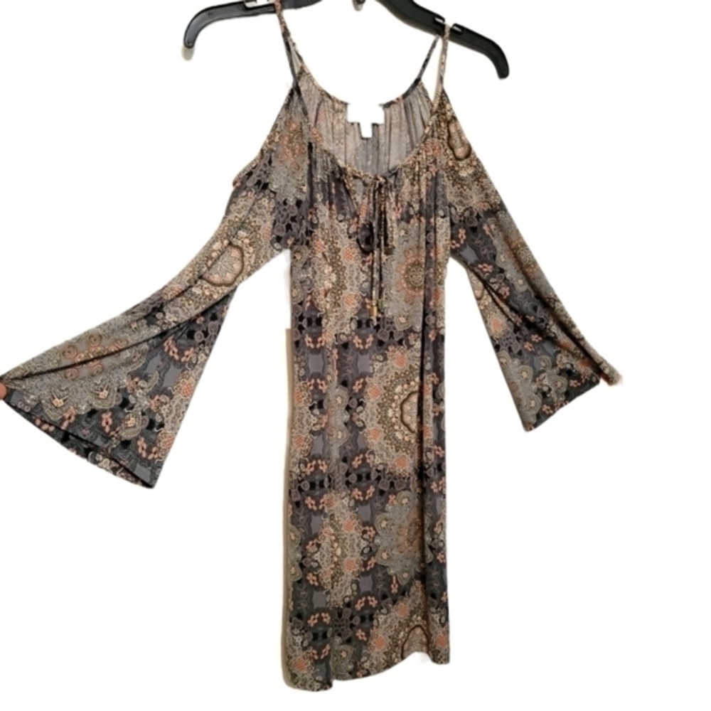 Veronica M Cold‎ Shoulder Dress, Size XS, Bohemian Mandala Print Fairy Romantic